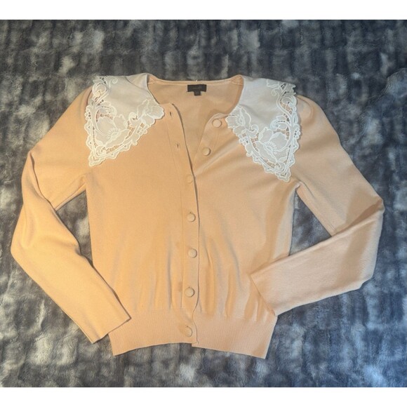 Twelfth Eyelet Laced Collared Peach Modal Blend Cardigan Womens L Prairie coquet - Picture 3 of 6